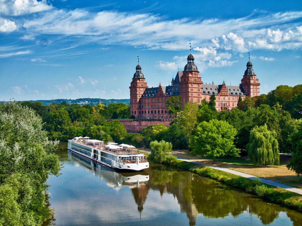 The Viking Longship Lif on the River Main near the Schloss Johannisburg, city of Aschaffenburg, Bavaria, Germany.